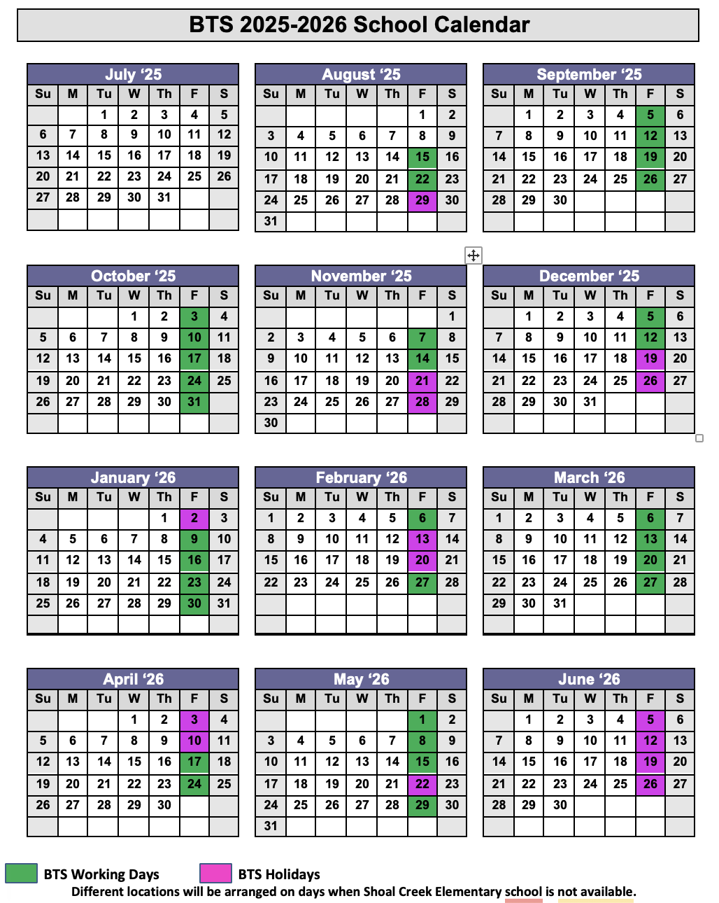 BTS 2025-2026 School Calendar